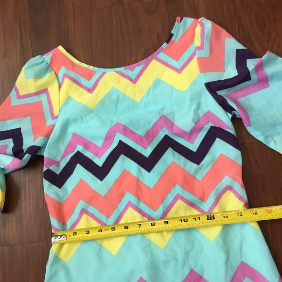 Jun & Min Sz Small Pastel Color Chevron Party Dress Puffy Sleeves Bow On Back - Picture 3 of 12